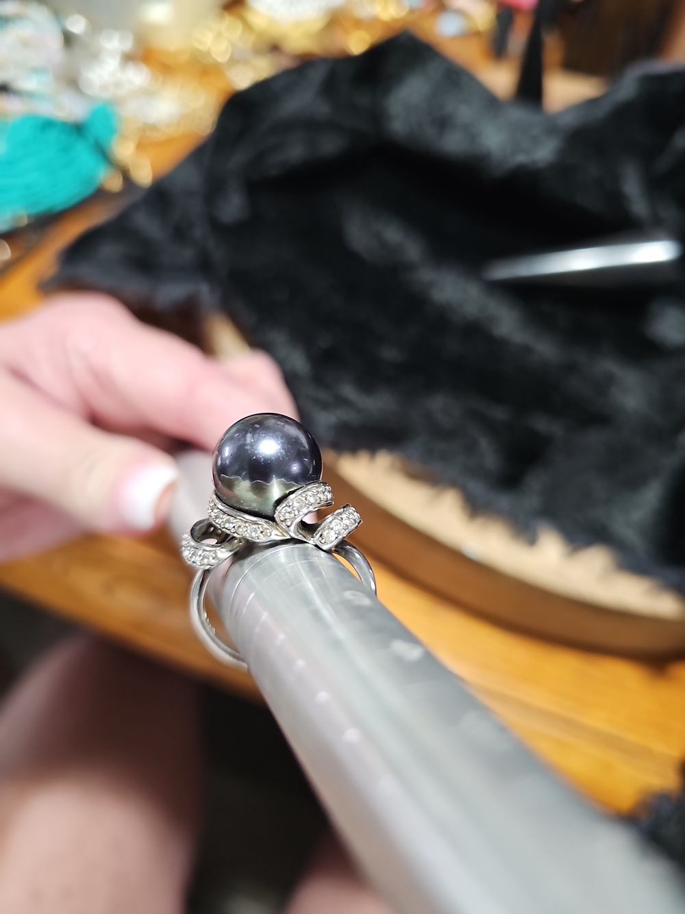 Black Pearl and Cubic Zirconia Silver Ring
